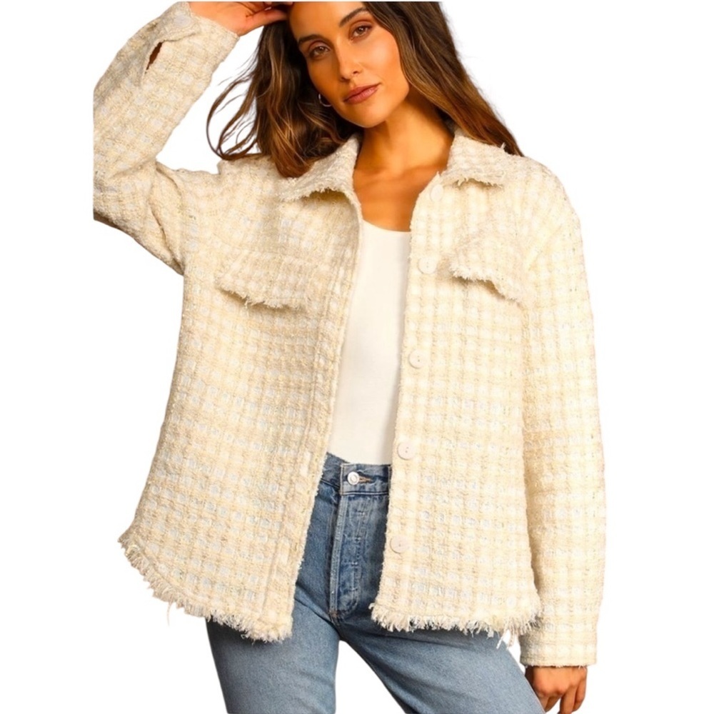 Lulu's Take Notes Ivory Plaid Tweed Shacket Fringe Trim Boucle Size Medium‎